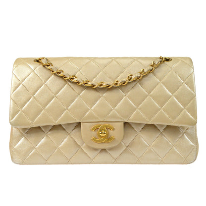 CHANEL 2000-2001 Classic Double Flap Medium Metallic Beige Lambskin
