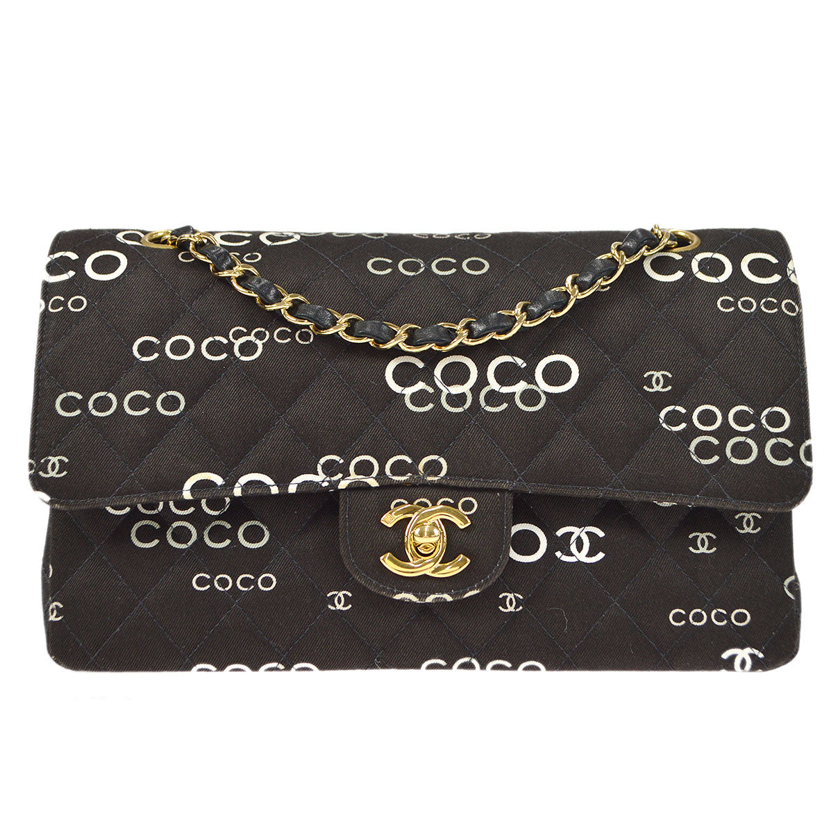 CHANEL 2001-2003 COCO patterned Classic Double Flap Medium Black Canvas