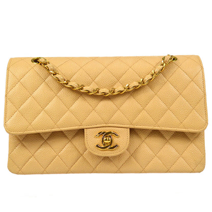 CHANEL 1997-1999 Classic Double Flap Medium Beige Caviar