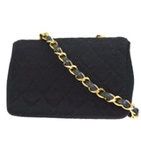 CHANEL Chain Shoulder Bag Black Cotton