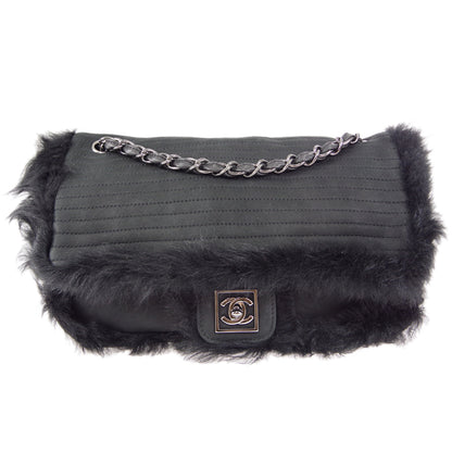CHANEL 2006-2008 Sport Line Flap Jumbo Black Sheepskin Fur
