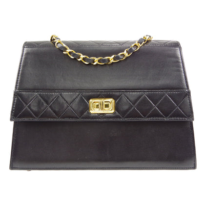 CHANEL 1989-1991 Trapezoid Flap Small & Pouch Set Black Lambskin