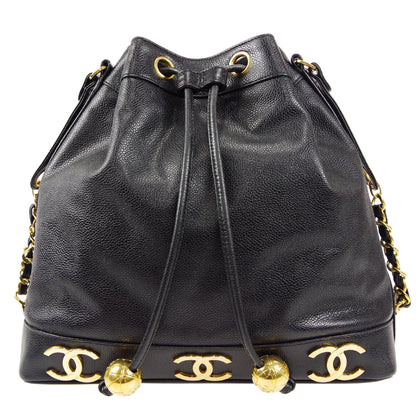 CHANEL Drawstring Chain Shoulder Bag Black Caviar