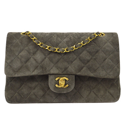 CHANEL Classic Double Flap Medium Shoulder Bag Gray Suede