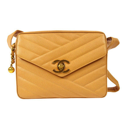 CHANEL Bias Stitch Shoulder Bag Beige Caviar 49321