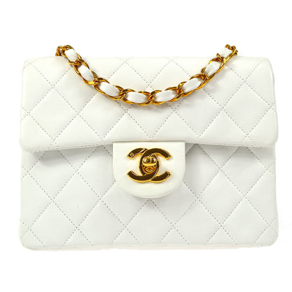 CHANEL Classic Flap Mini Square Chain Shoulder Bag White Lambskin