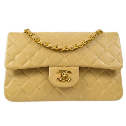 CHANEL Classic Double Flap Small Shoulder Bag Beige Lambskin