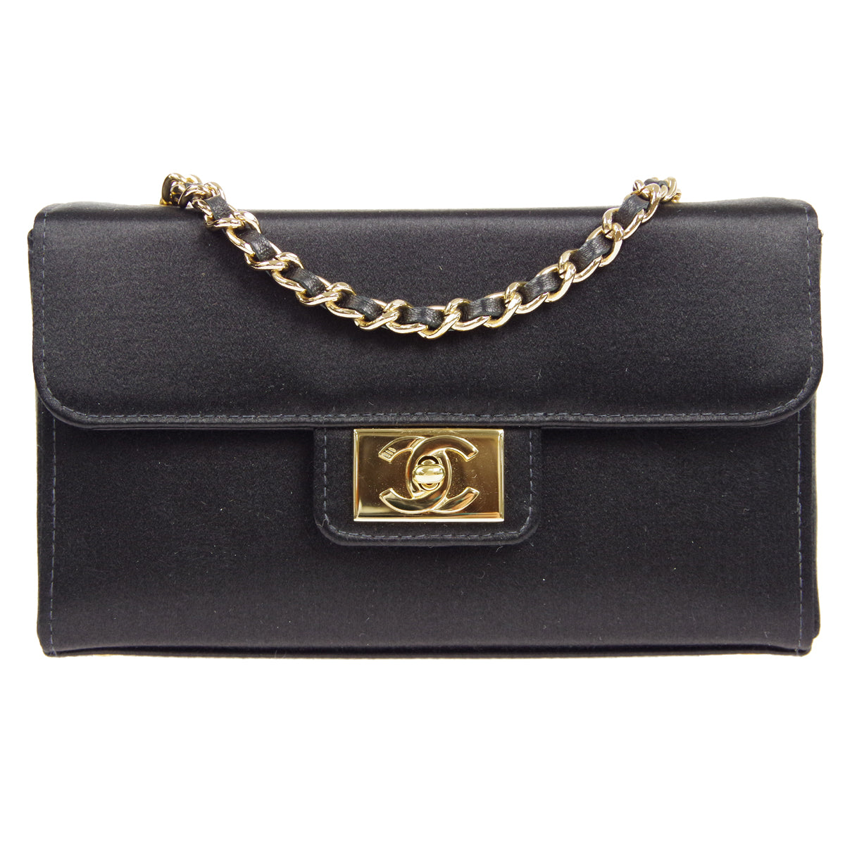 CHANEL Double Chain Shoulder Bag Black Satin 87292