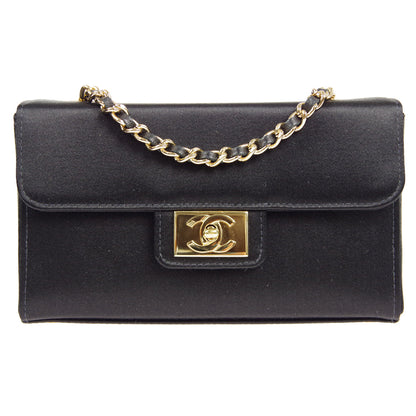 CHANEL Double Chain Shoulder Bag Black Satin 87292