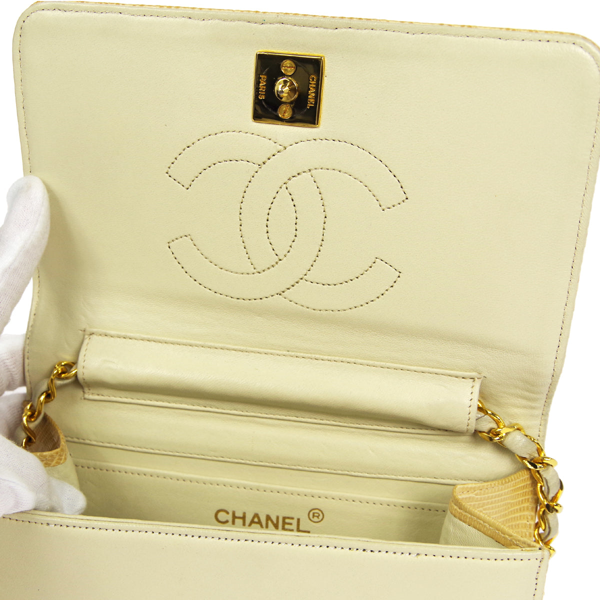 CHANEL Full Flap Chain Shoulder Bag Beige Lizard NR11797f