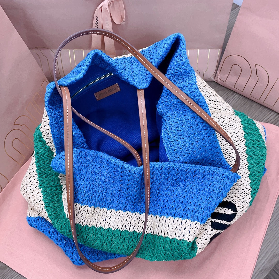 TOTE BAG 40 IN STRIPED PATTERN OF BLUE GREEN AND CREAM WHITE WOVEN RAFFIA Amelia Bags
