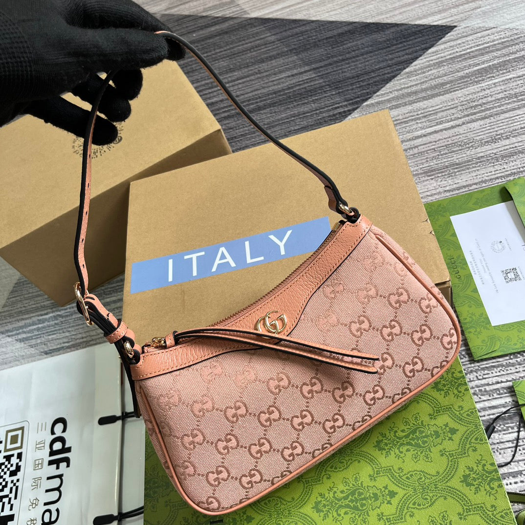 OPHIDIA GG SMALL 25 HANDBAG IN LIGHT PINK CANVAS AND CALFSKIN Amelia Amelia