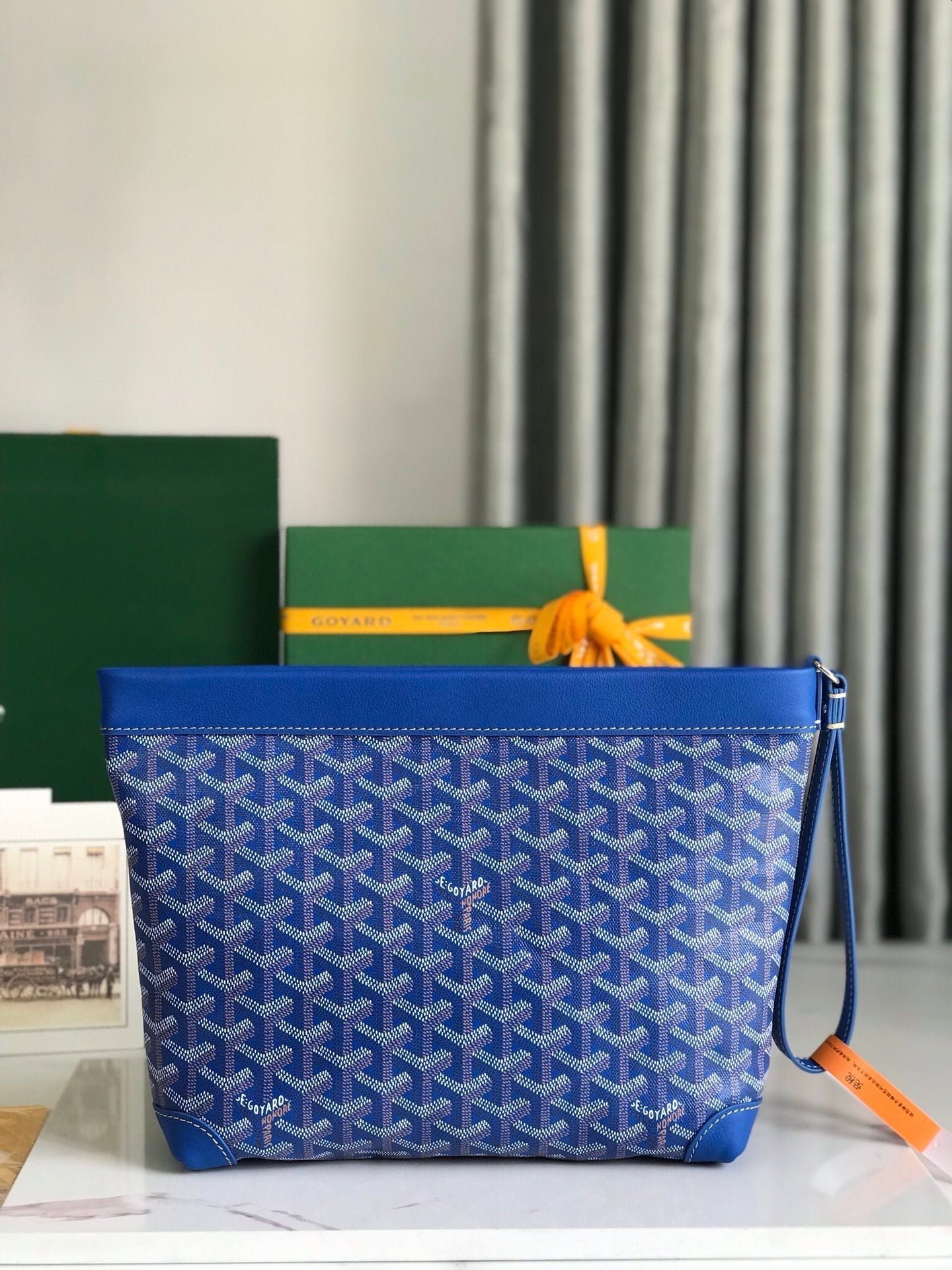 CONTI POUCH 24 IN SAPPHIRE BLUE LAMBSKIN AND GOYARDINE CANVAS Amelia Amelia