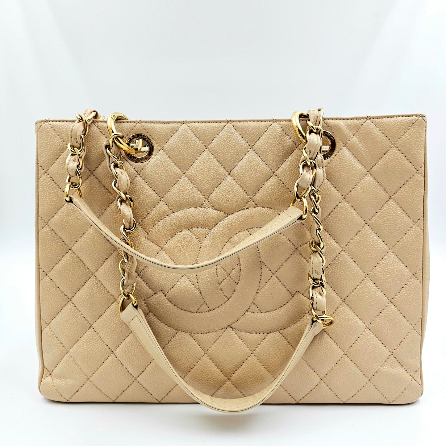 CHANEL Beige Quilted Caviar Grand Shopping Tote TWS