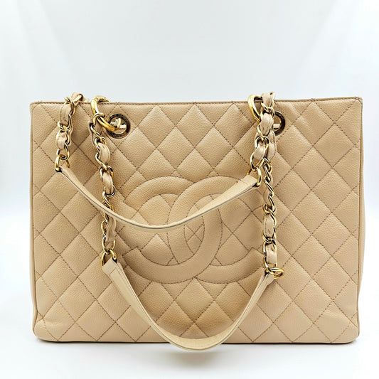 CHANEL Beige Quilted Caviar Grand Shopping Tote TWS