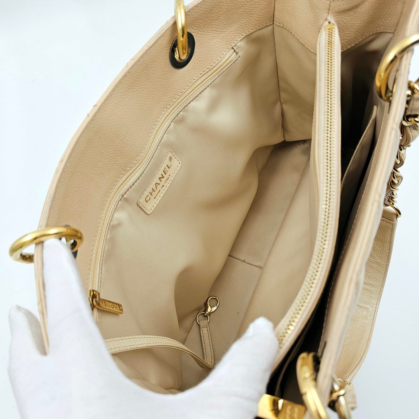 CHANEL Beige Quilted Caviar Grand Shopping Tote TWS