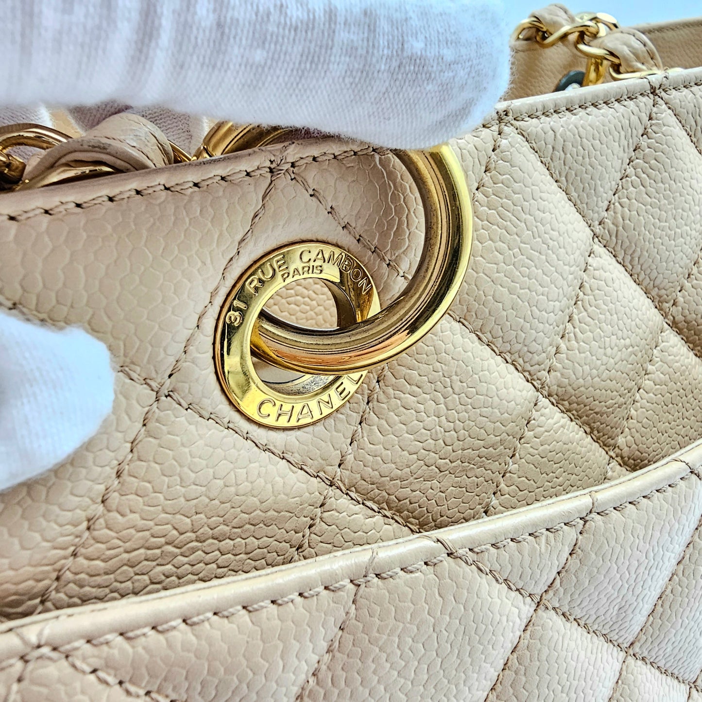 CHANEL Beige Quilted Caviar Grand Shopping Tote TWS