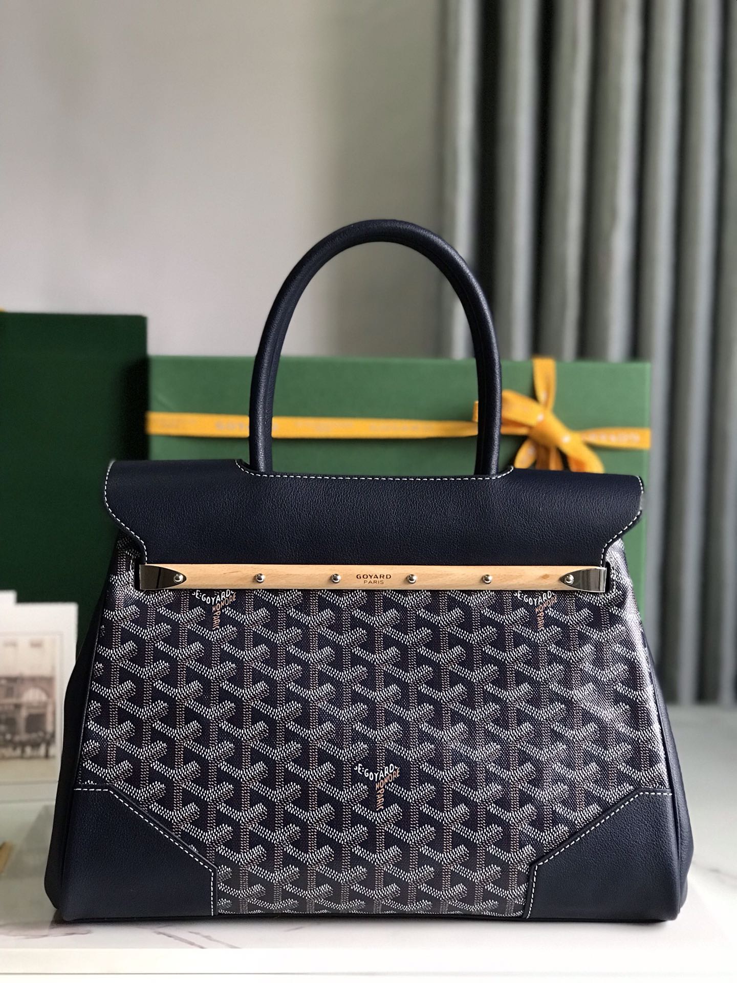 SAIGON SOUPLE BAG 34 IN NAVY BLUE GOYARDINE CANVAS AND CALFSKIN Amelia