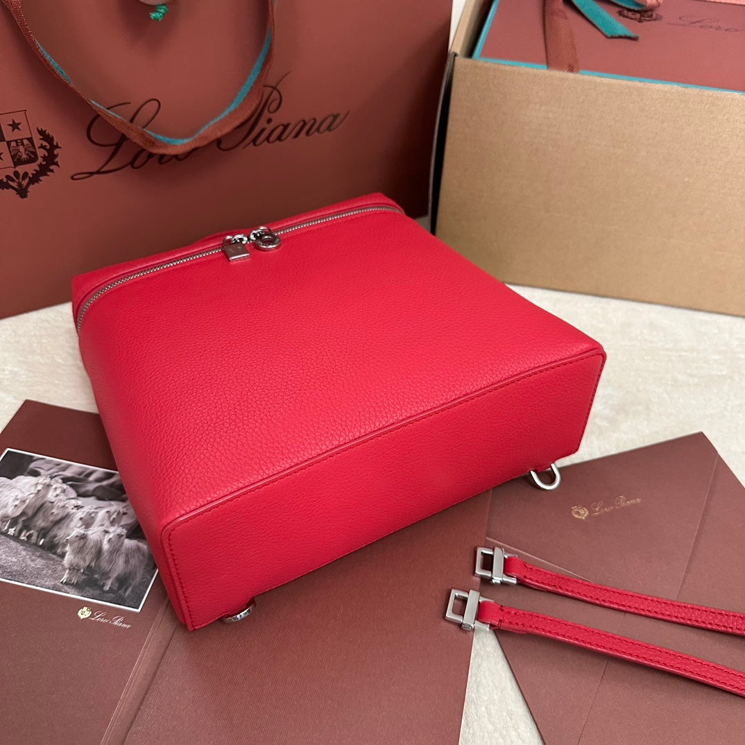 EXTRA POCKET BACKPACK L23.5 IN CHERRY RED CALFSKIN WITH SILVER HARDWARE by Amelia