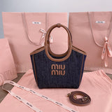 SMALL TOTE BAG 22 IN NAVY DENIM AND BROWN LEATHER TRIM Amelia