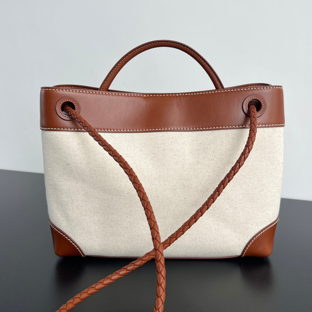 SMALL ANDIAMO 25 IN WHITE BROWN CALFSKIN AND CANVAS Amelia Amelia