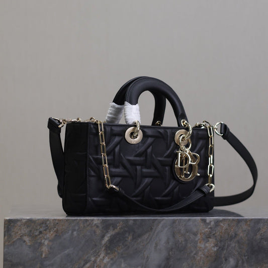 LADY D-JOY BAG 26 IN BLACK GRAPHIC CANNAGE CALFSKIN PALE GOLD-FINISH METAL CHARMS Amelia