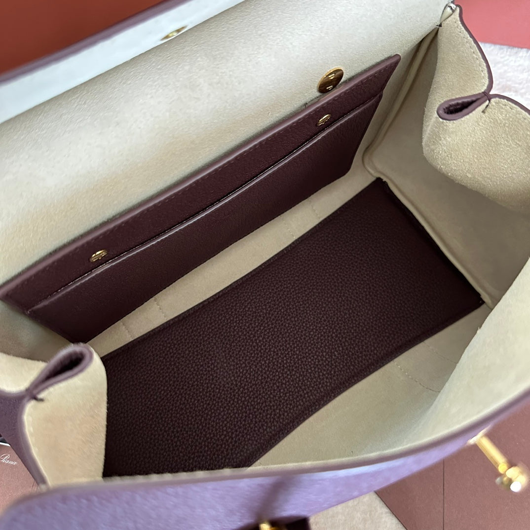 LOOM BAG 25 IN WINE PURPLE CALFSKIN WITH GOLD HARDWARE Amelia Amelia