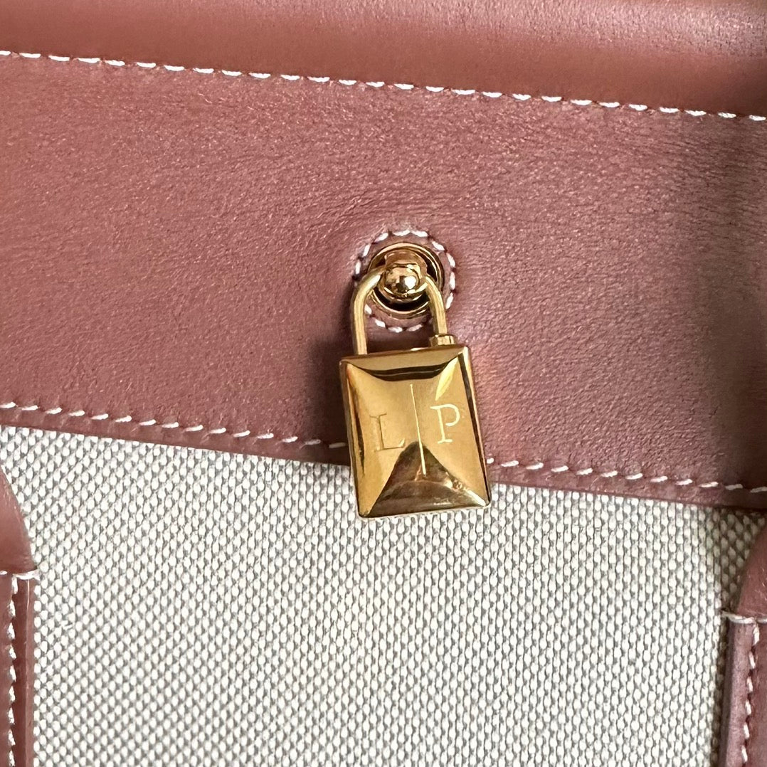 LOOM BAG 25 IN UMBER BROWN CALFSKIN WITH BEIGE LINEN GOLD HARDWARE by Amelia