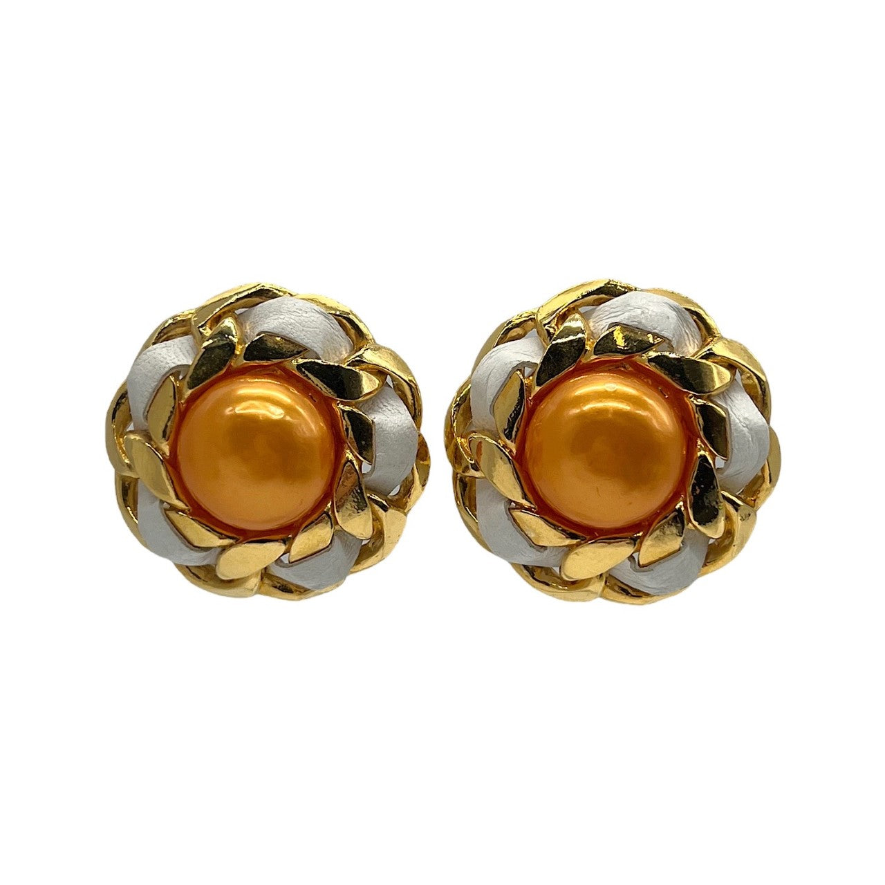 Chanel Orange Synthetic Pearl Leather & Chain Earrings