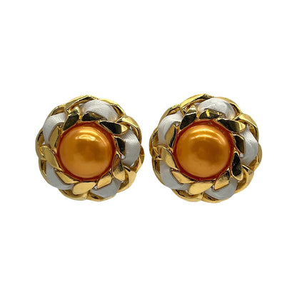 Chanel Orange Synthetic Pearl Leather & Chain Earrings