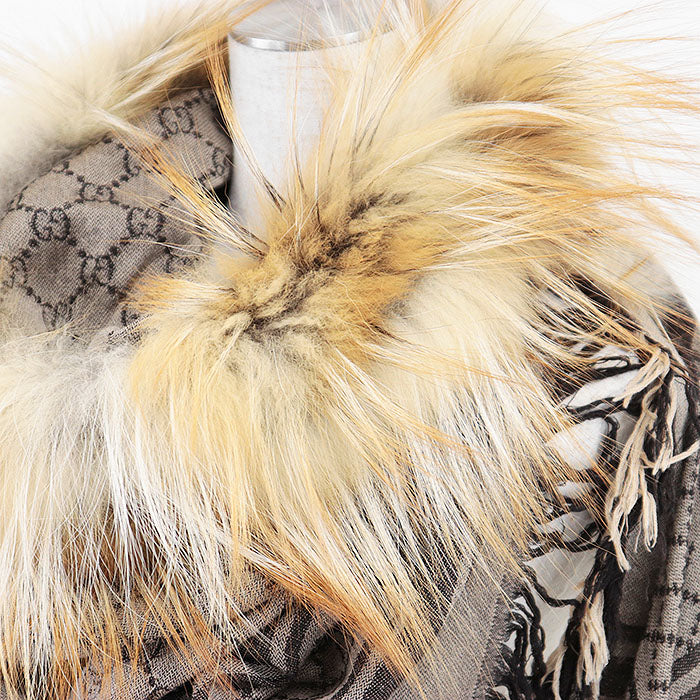 Gucci GG Supreme Wool Silk Fox Fur Scarf