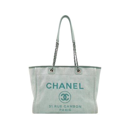 Chanel Deauville Tote Light Blue Cloth Leather Chain Handle Small 34cm