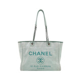 Chanel Deauville Tote Light Blue Cloth Leather Chain Handle Small 34cm