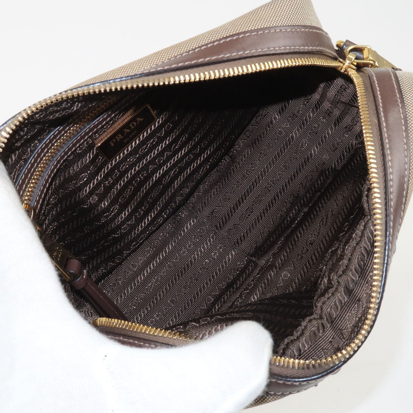 Prada Logo Jacquard Leather Shoulder Bag Beige Brown 1BH089