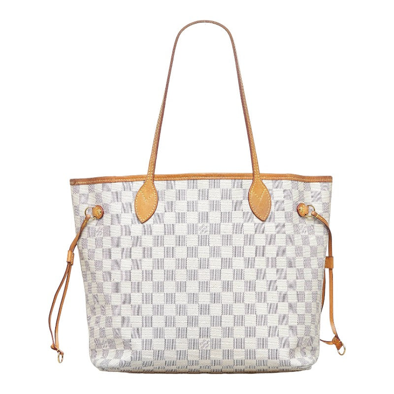 Louis Vuitton Damier Azur Neverfull MM Tote Shoulder Bag White PVC Leather