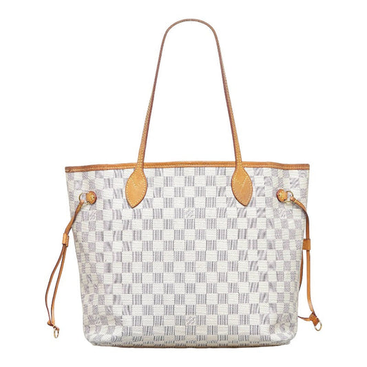Louis Vuitton Damier Azur Neverfull MM Tote Shoulder Bag White PVC Leather