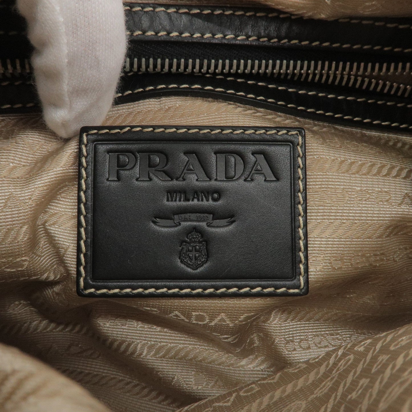 Prada Logo Jacquard Leather Shoulder Bag Beige Black BR3430