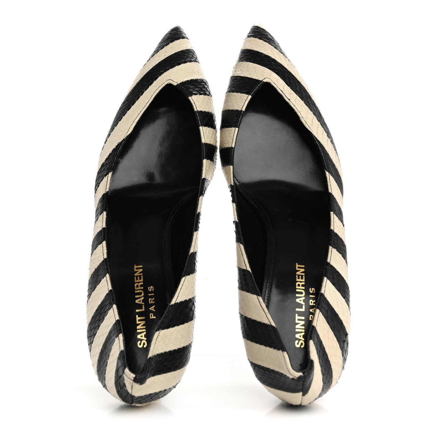 Saint Laurent Elaphe Snakeskin Striped Kiki Kitten Heel Pumps 38.5 Black Off White