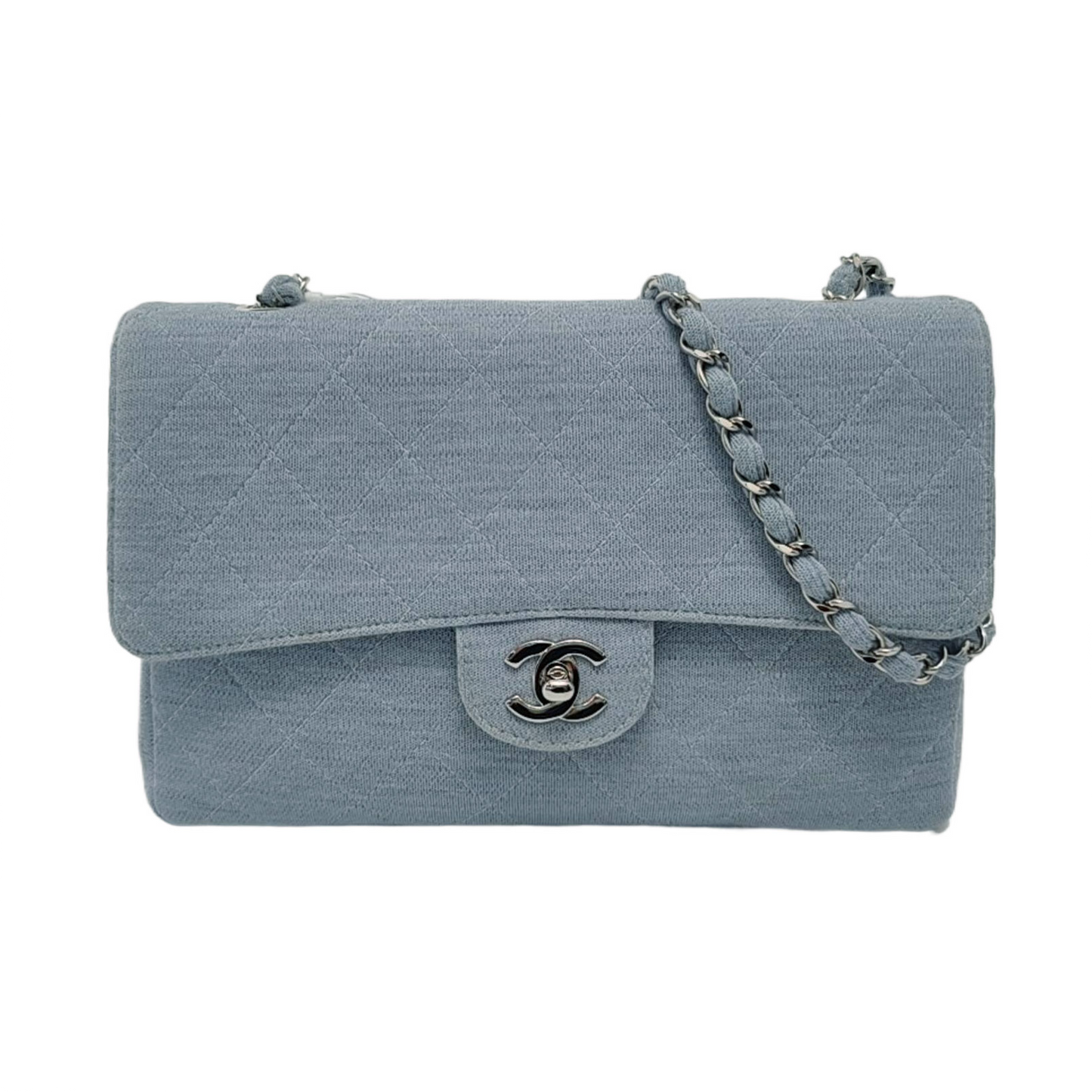 Chanel Classic Flap Medium   Sky Blue Cotton Fabric Silver Hardware Single Flap 1997-1999