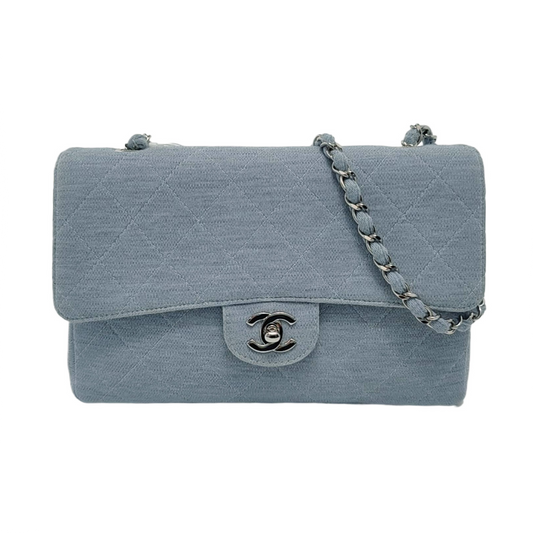 Chanel Classic Flap Medium   Sky Blue Cotton Fabric Silver Hardware Single Flap 1997-1999