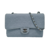 Chanel Classic Flap Medium   Sky Blue Cotton Fabric Silver Hardware Single Flap 1997-1999