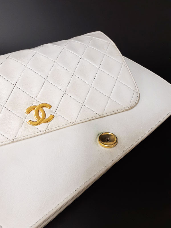 Chanel Matelasse Chain Shoulder Bag Leather White