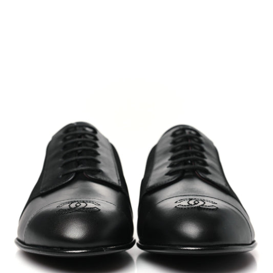 Amelia Calfskin Elastic Lace Up Cap Toe CC Loafers 37 Black