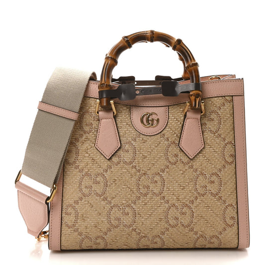 Amelia Raffia Textured Dollar Calfskin GG Monogram Small Diana Tote Bag Wild Rose Fuxia Fluo