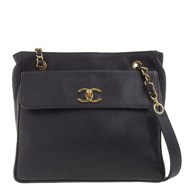 CHANEL Around 1995 Made Caviar Skin Turn-Lock Chain Tote Bag Black