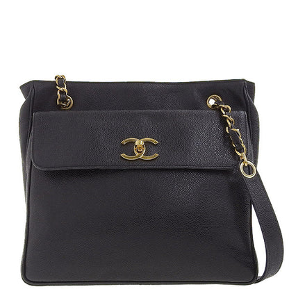 CHANEL Around 1995 Made Caviar Skin Turn-Lock Chain Tote Bag Black