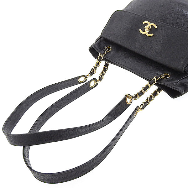 CHANEL Around 1995 Made Caviar Skin Turn-Lock Chain Tote Bag Black
