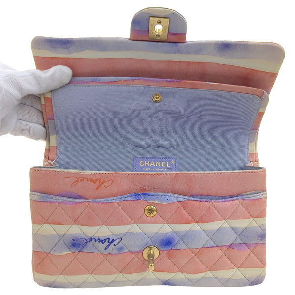 CHANEL Around 2009 Made Watercolor Logo Print Classic Flap Chain Bag 25Cm Pink/Blue/White