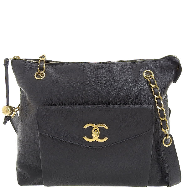 CHANEL Around 1995 Made Caviar Skin Turn-Lock Chain Tote Bag Black