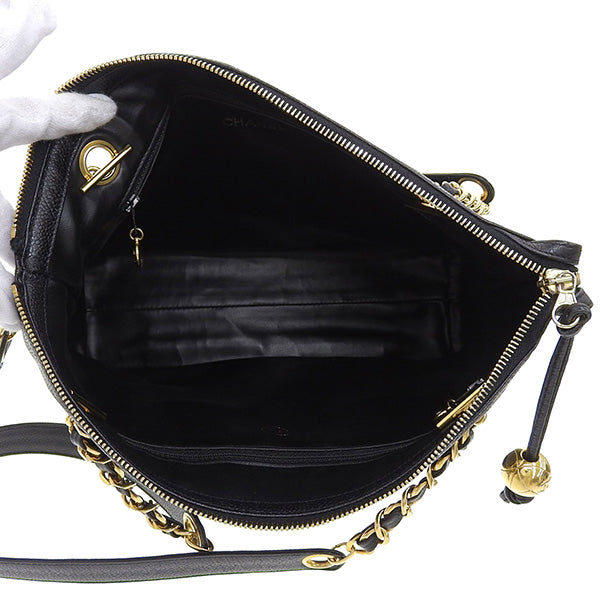 CHANEL Around 1995 Made Caviar Skin Turn-Lock Chain Tote Bag Black